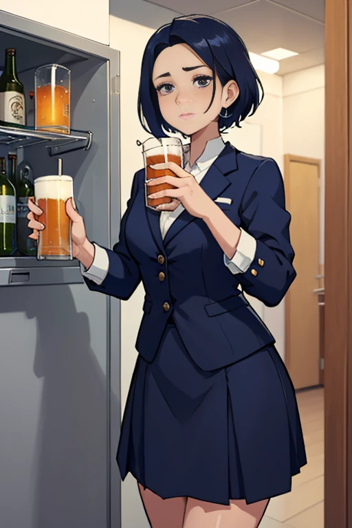 A career woman, 3, wearing a suit、Hairstyle: Short Hair Permanent、Navy blue skirt underneath、With a tired look on his face, he takes a beer out of the fridge at home and drinks it.