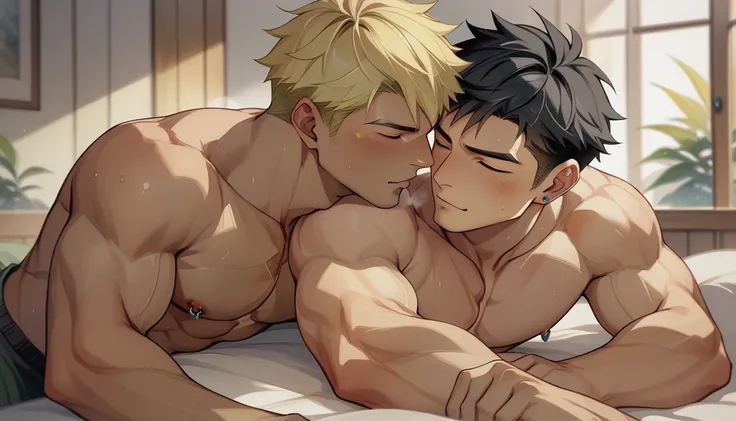 Highest quality、Super detailed、perfect anatomy、super detailed skin、(muscular male:1.3)、(father:0.5)、2boys、Happy Face、Eyes open、nipple piercing、Asahi、Cuddling on the bed、Blonde、Black Hair、kiss、Short Hair、Sports haircut、short hair、intertwine、being touched、(s...