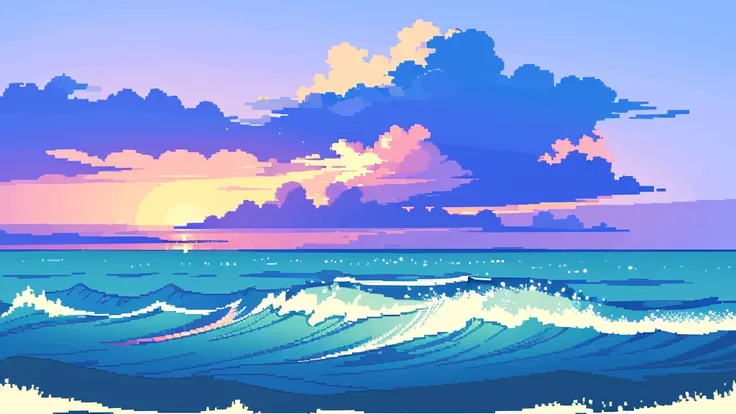 generate me an ocean and sky drawin in the style of pixel art, high detail