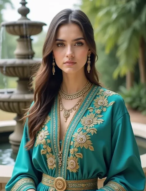 A young woman with long dark hair and striking features stands against a backdrop of lush greenery and a stone fountain.. She is adorned with stunning traditional clothing, a flowing kaftan richly embroidered with intricate gold designs.. The kaftan&#39;s ...