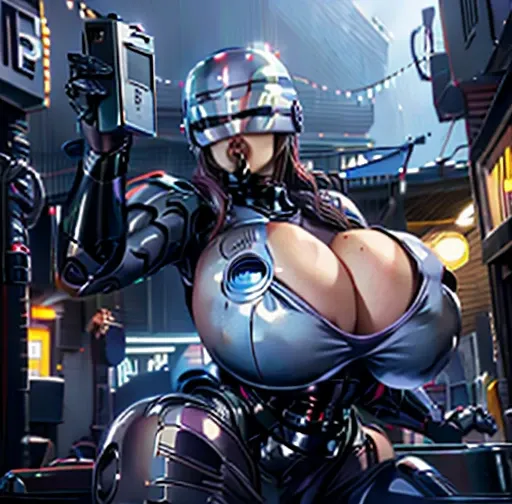 Back alley, female Robocop, big, huge breasts, beautiful, tall, sexy body, wearing Robocop helmet, mouth looking, full view looking at you, hands behind head, mouth wide open, surrender pose
