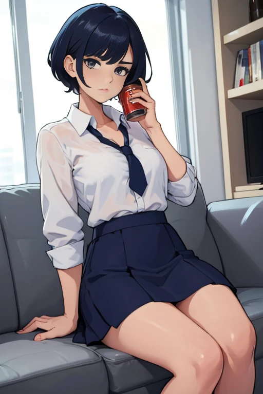 A career woman, 3, wearing a suit、Hairstyle: Short Hair Permanent、Navy blue skirt underneath、With a tired look on his face, he takes out a can of beer from the refrigerator at home and drinks it.、Hold a can of beer in your right hand、Sit lazily on a black ...