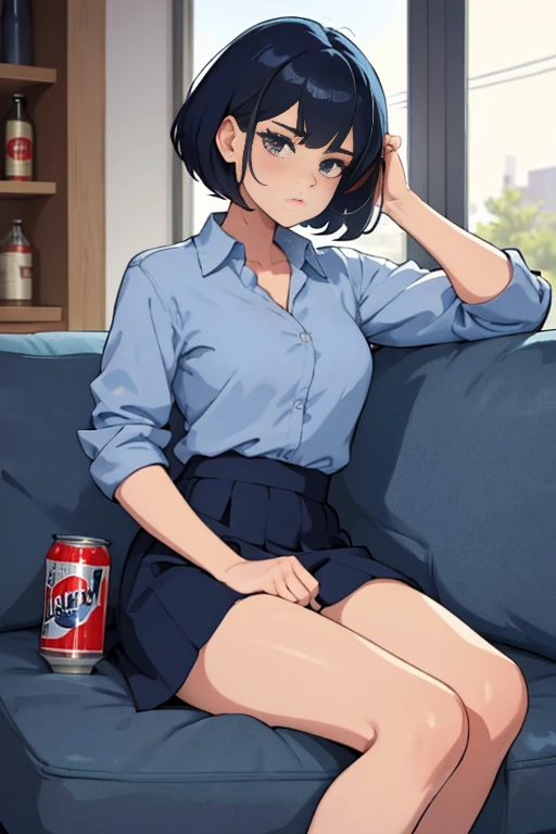 A career woman, 3, wearing a suit、Hairstyle: Short Hair Permanent、Navy blue skirt underneath、With a tired look on his face, he takes out a can of beer from the refrigerator at home and drinks it.、Hold a can of beer in your right hand、Sit lazily on a black ...