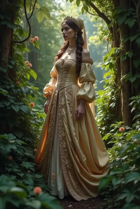 A woman in an elaborate Renaissance
gown, standing in an overgrown forest.
Natural light filters through the trees
casting dappled shadows. Capture the
lush texture of her clothing and the
foliage with a Phase One XF medium
format camera. The style is a fu...