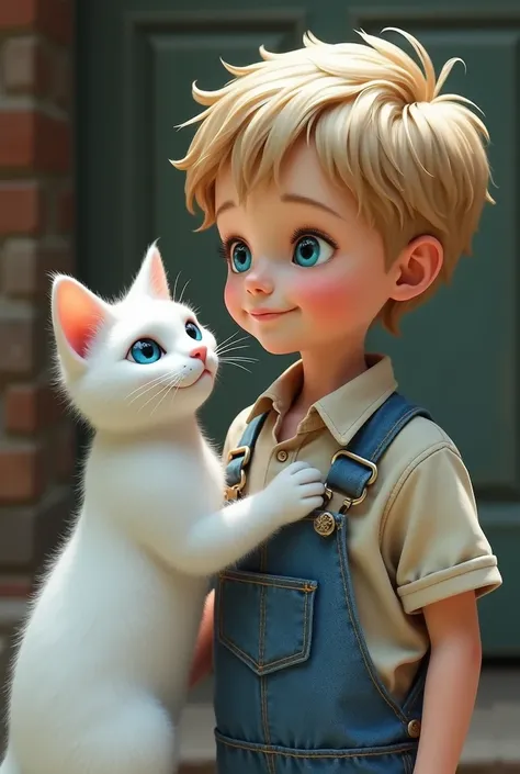 Boy, , blond with blue eyes, plays with a white cat, the cat has blue eyes, the boy is wearing denim overalls