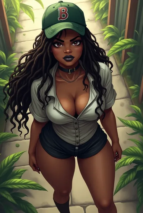 (jolie jeune fille dominante et puissante taquine), (thick thighs, grandes hanches, curved, :1.4), Sagging breasts, excited, intimidateur, slight smile, beautiful lips, black lips, (point culminant des dreadlocks:0.8), cheveux longs, lateral bottom, collie...