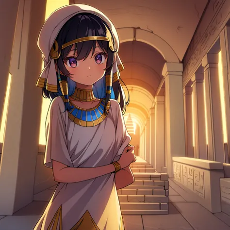 Cute Ancient Egyptian Girl、Inside the temple、Beautiful relief、A colorful view of the whole city