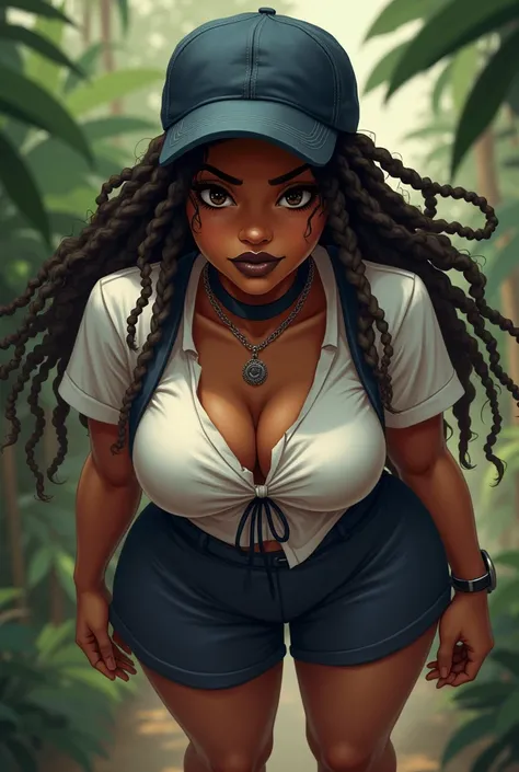 (jolie jeune fille dominante et puissante taquine), (thick thighs, grandes hanches, curved, :1.4), Sagging breasts, excited, intimidateur, slight smile, beautiful lips, black lips, (point culminant des dreadlocks:0.8), cheveux longs, lateral bottom, collie...