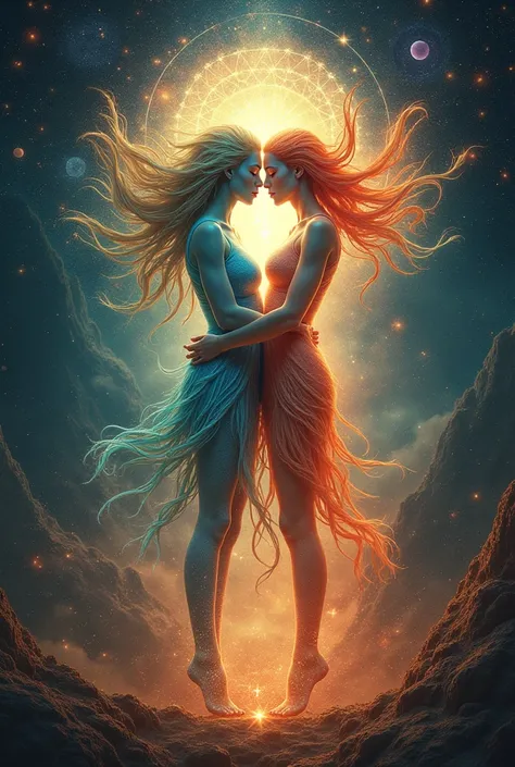 Twin flame couple. Soulmates. The concept of magical, esoteric, tantric, spiritual love. Connection between souls. Illustration for websites and much more. Created using generative ai tools.