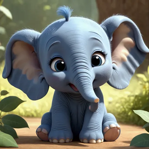 Cute, cute, sweet animated character, animated blue baby elephant, holding his trunk