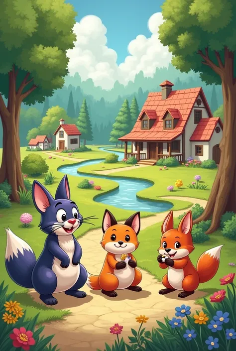 Page 1: Felix, the cat; Pip and Lana, the rabbits; a violet fox; and Clara, The Hen, lived on a farm with a forest and a river. * illustration: 