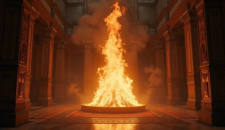 Inside a Zoroastrian fire temple, showing a massive flame that suddenly extinguishes, leaving darkness.