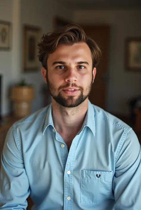 Photorealistic ultra realistic man dark brown hair brown eyes wearing a light blue Fred Perry dress shirt in the living room