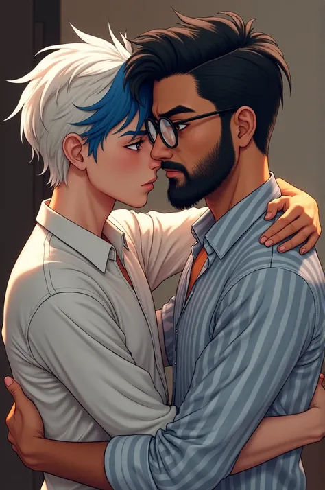  A young man with white hair and a blue lock and wearing a white shirt with blue vertical stripes hugging another man with a beard and black hair and glasses 
