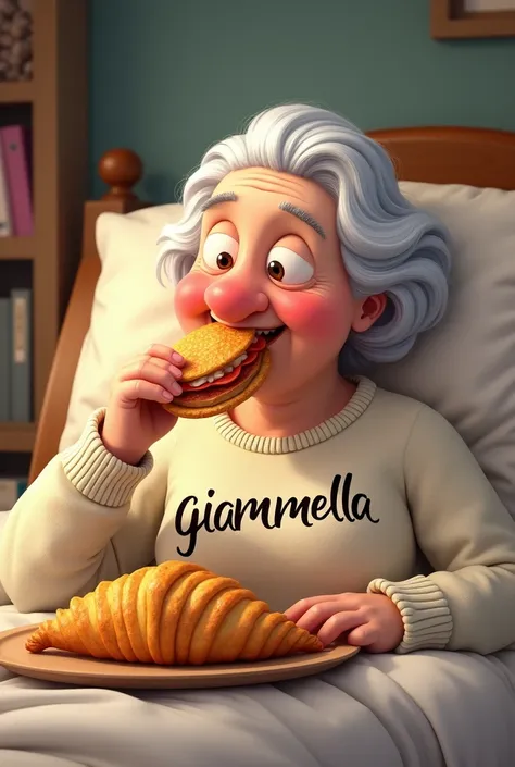 generami una vecchietta che mangia il panzerotto nel letto con una maglia con su scritto “giammella