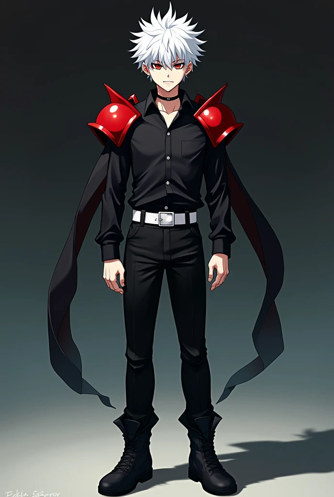 one  men, pale skin, white spiky hairs, eyes with black sclera and red pupils, wearing a black dress shirt, black pants, white belt, black boots and red shoulder pads. anime art style.