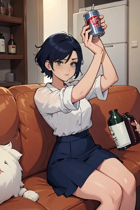 A career woman, 3, wearing a suit、Hairstyle: Short Hair Permanent、Navy blue skirt underneath、With a tired look on his face, he takes out a can of beer from the refrigerator at home and drinks it.、Hold a can of beer in your right hand、Sit lazily on a black ...