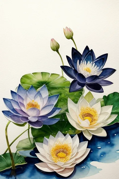 Watercolor on rough Japanese paper、A sumi-e with light, thin, bold lines、A sumi-e painting with strong, blurred lines、Shades of pale colors、black and white、Drawing lotus flowers、Overall blurry image、The lines are also blurred.、（Be bold with a brush、Flowing...