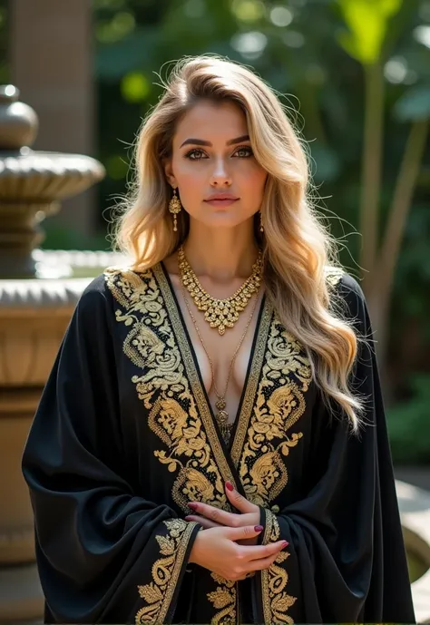 Close-up of a plump young woman with blonde hair and striking features standing against a background of lush greenery and a stone fountain.. She is adorned with stunning traditional clothing, a flowing black kaftan richly embroidered with intricate gold de...