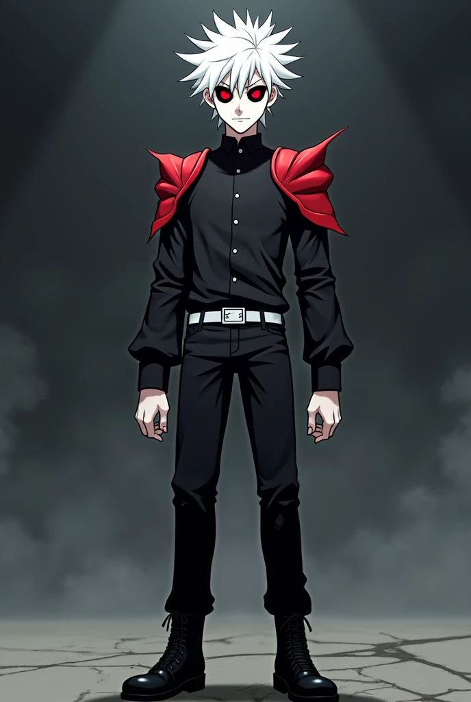 one  men, pale skin, white spiky hairs, eyes with black sclera and red pupils, wearing a black dress shirt, black pants, white belt, black boots and red shoulder pads. anime art style.