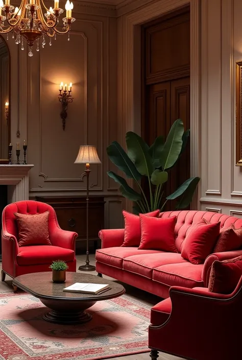 A luxury living room with red cusions
 