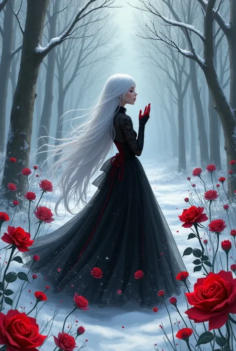 White haired girl dressed in black and red singing surrounded by affiliated crystal roses of black and blood red color in a frozen forest