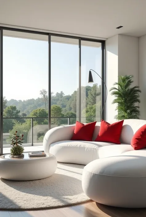 A luxury white living room with red cusions
 