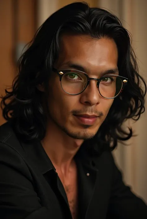 man with long black hair, wearing glasses, luscious tresses, reminiscent of the glamorous stars from a bygone era. He mesmerizing eyes hold the essence of classic Hollywood allure, and her captivating smile embodies the timeless charm of vintage handsome. ...