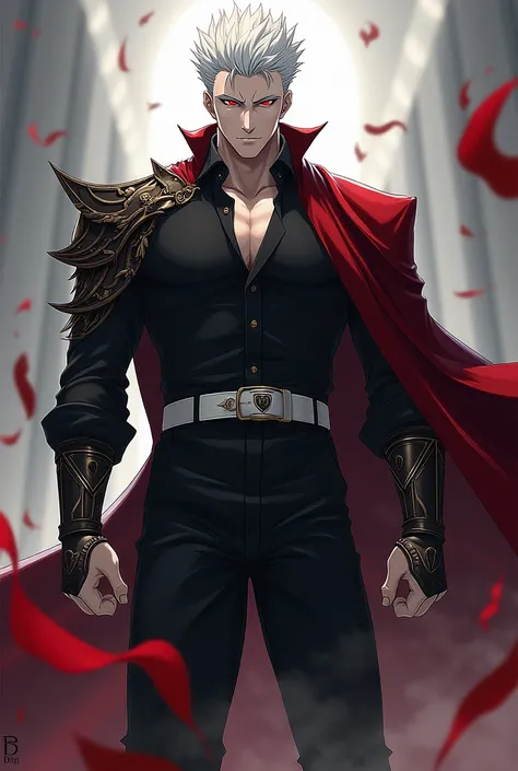 A muscular man, pale skin, white spiky hairs, eyes with black sclera and red pupils, wearing a black dress shirt, black pants, white belt, Black boots, medieval bracelets and red shoulder pads. anime art style.