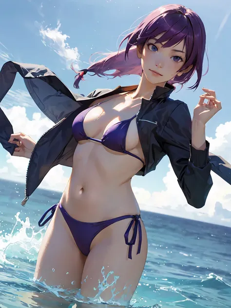 Hitagi Senjougahara、masterpiece, Best Quality, High resolution, S1, Senjougahara Hitagi, Long Hair, Long sleeve,((( Swimsuit bikini))),Thighs , Cowboy Shot,Man meat
