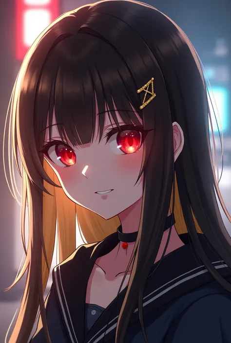 *I am a girl I have long dark brown hair, with straight cut bangs she has a light blonde tone the rest of her hair is dark brown I have red eyes, on my head and I use an “X” shaped clip on my bangs, what complements your look* 