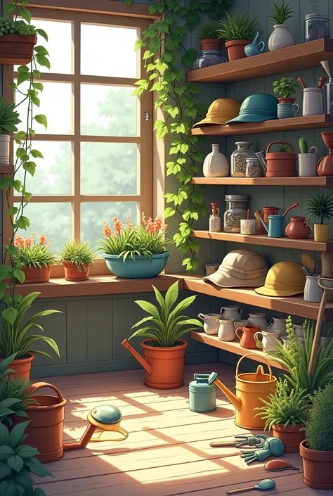 In the corner inside a store there was a variety of gardening tools. Some tools such as garden hats, hand looseners and watering cans are on the floor.. Other items such as small flower vases and gloves were scattered around the edges 