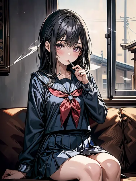 masterpiece, Highest quality, High resolution,alone, Accurate human body、Knowledgeable person、Correct five-finger,Anime Girl、sitting on the sofa and smoking a cigarette,  1 girl, Take a smoking break, Smoke coming out of her mouth,Japanese girls uniform, J...