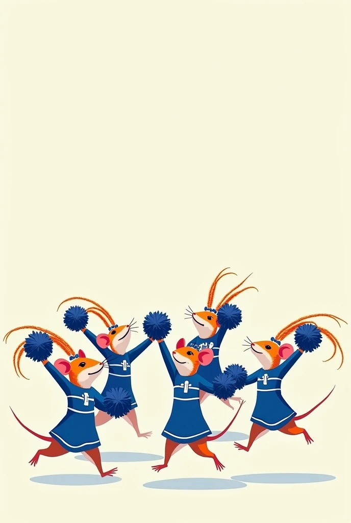 Rats cheerleading team in blue outfit, orange and white with pompomHair with two high braids, hair ribbon, minimalism, 