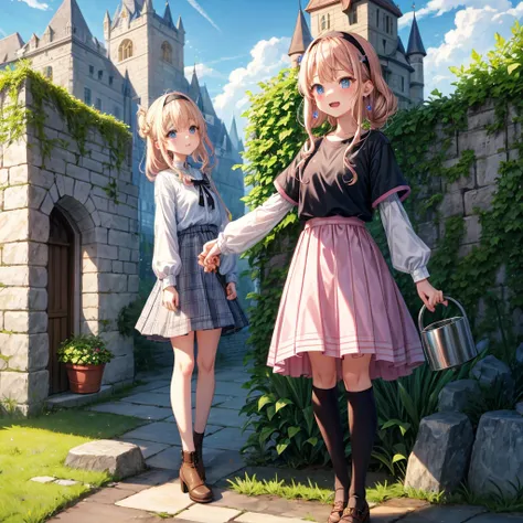 Pink Blonde、blue eyes、Wavy Hair、Hair tied up、Two cute、Checked mini skirt、Black T-shirt、dress、Black knee-high socks、Headband、Teeth are visible、Monster Castle、Tilting face、grass、In front of the city gates、Underground tunnels、The stone is cracked、Uneven groun...