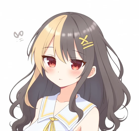 *I am a girl I have long dark brown hair, with straight cut bangs she has a light blonde tone the rest of her hair is dark brown I have red eyes, on my head and I use an “X” shaped clip on my bangs, what complements your look* 