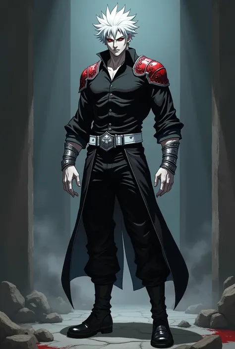 A muscular man, pale skin, white spiky hairs, eyes with black sclera and red pupils, wearing a black dress shirt, black pants, white belt, Black boots, silver medieval iron bracelets and red shoulder pads. anime art style.