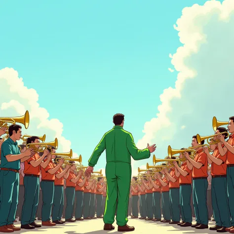 100 people playing instruments under the blue sky。
There are no wind and string instruments. There are only brass and woodwind instruments. Some people are playing drums. The conductor is wearing a green long-sleeved jumpsuit. The whole outfit is connected...