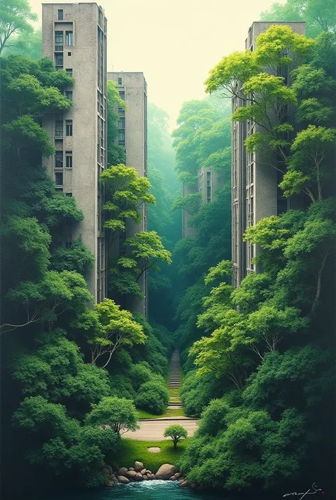 「A fusion of the hustle and bustle of the city and the silence of nature」With the theme、The abstract landscape depicts a concrete jungle and lush forest intertwining with each other.。The outline of the building gradually々Dissolves into、wood々The design make...