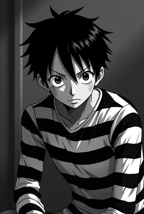 Police photo, Monkey D. Luffy in a black and white striped long sleeve prison uniform, Handsome guy, beautiful and delicate eyes, short black hair looking at viewer wearing a black and white striped prison jumpsuit 