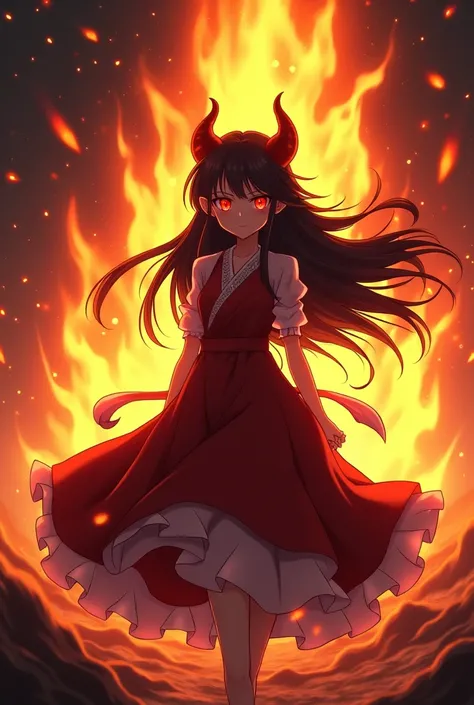 You are familiar with the anime Demon Slayer: Kimetsu no Yaiba。Create the following image。Nezuko with a burning flame behind her、A scene that conveys a strong determination to look forward。Her demonic powers are in her eyes、Her hair glows red in the light ...