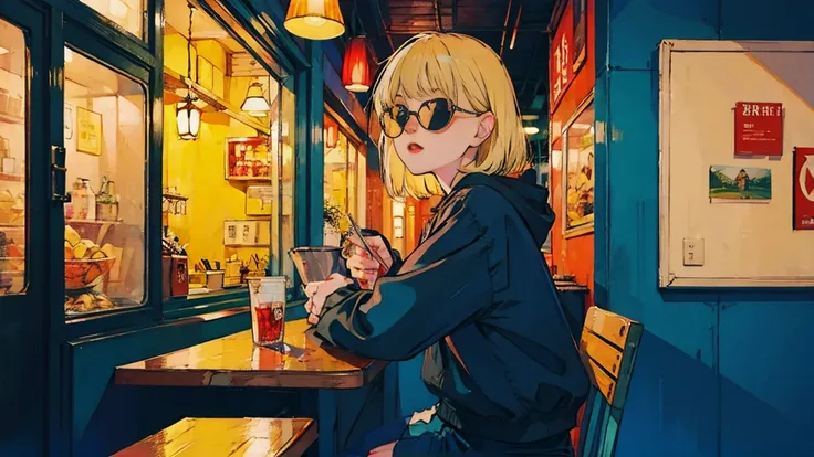 Beautiful blonde Asian girl sitting in a diner at night, visible from the window, perfect face, sunglasses, neon black, (with backlight: 1.1), hard shadow, masterpiece, highest quality, Complex, model shooting style, vintage, film grain, incomplete details