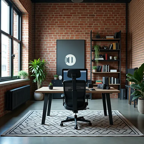 Create a photo taken from the side of a modern programmers room, whose walls are made of original 19th century bricks, giving the interior an industrial, elegant character. The centerpiece of the room is a large, minimalist desk with a metal structure. The...