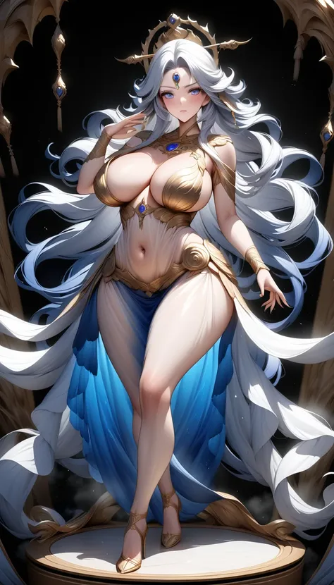 high quality,HD,16K,Sharp Line,1 Girl,fantasy, （Ice and Fire Goddess）,Pretty Face, Large Breasts, Beautiful legs,In the water,Focus Girl,detailed Pretty Face,Detailed clothes,beautiful eyes,Cool,Sexy,Dynamic Angle,穿着华服的神明Strike a pose拍照, Ancient mysterious...