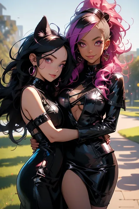 Two women. Perfect faces. Perfect hands. A gorgeous black haired woman with violet eyes and an hourglass figure with black fox ears and black fox tail in a leather dress is posing with a pink haired woman with violet eyes and an hourglass figure in a leath...