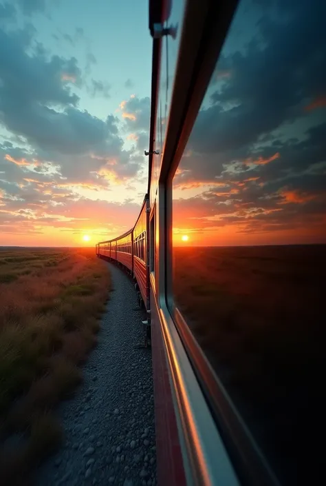 A magnificent view reflected in the train window,gulf coast,The old train running in the distance looks small、Orange sunset and blue sky　Ultra-wide-angle lens,(Highest quality,4K,8k,High resolution,masterpiece:1.2),Very detailed,(Realistic,photoRealistic,p...