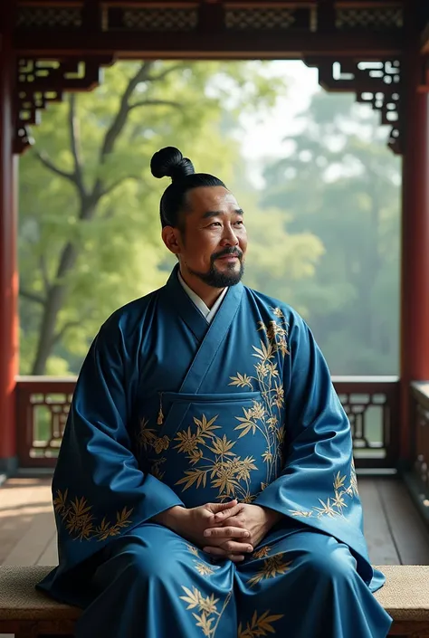 A middle-aged man wearing a blue ancient Chinese costume with bamboo patterns sits in a luxurious Chinese pavilion.