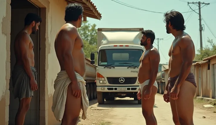 An 195 cms height horny Indian truck driver men wears small sarong and towel  Showing upper strong legs and Butts sheek stands outside an old house gazing inside a bathroom, A tall horny indian 3 men wear pulled down sarong and underwear showing  butt shee...