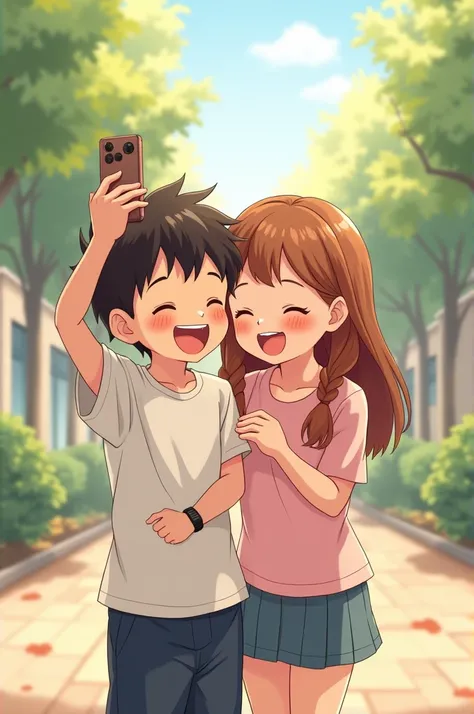 A boy is standing close to girl and they taking a selfie in anime frame boy is little bit taller than girl like 1 inch and he has taken his hand on girls shoulder and they are giggling they are just good friends in 