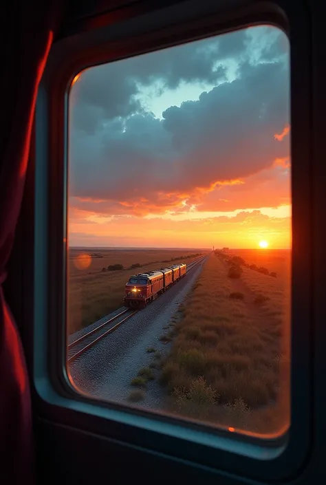 A magnificent view reflected in the window,gulf coast,The old train running in the distance looks small、Orange sunset and very blue sky　Ultra-wide-angle lens,(Highest quality,4K,8k,High resolution,masterpiece:1.2),Very detailed,(Realistic,photoRealistic,ph...